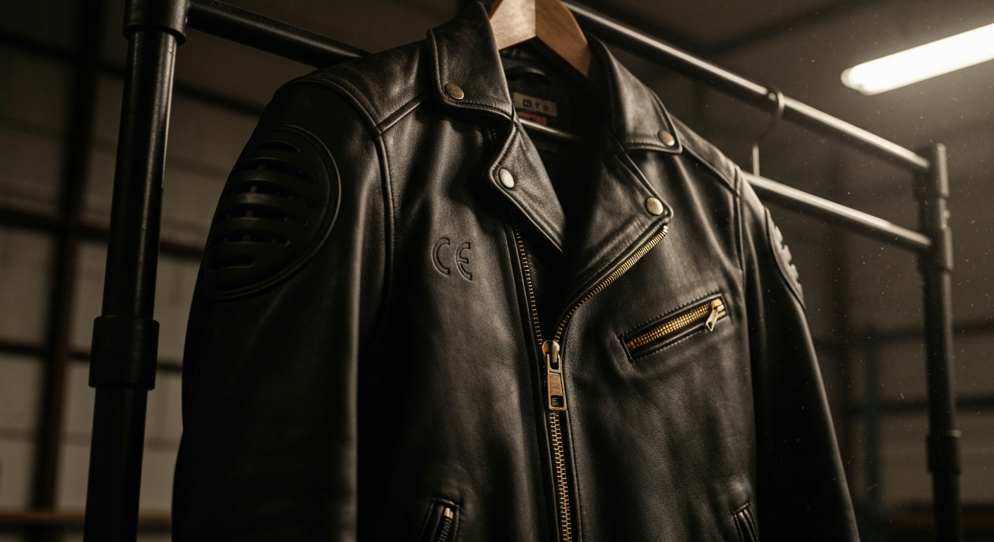Blouson en cuir patiné suspendu dans un atelier, gros plan sur les coutures