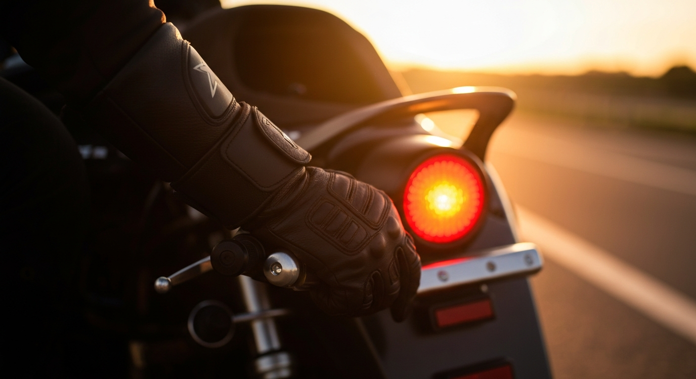 Main gantée serrant la poignée d’une moto à l’heure dorée