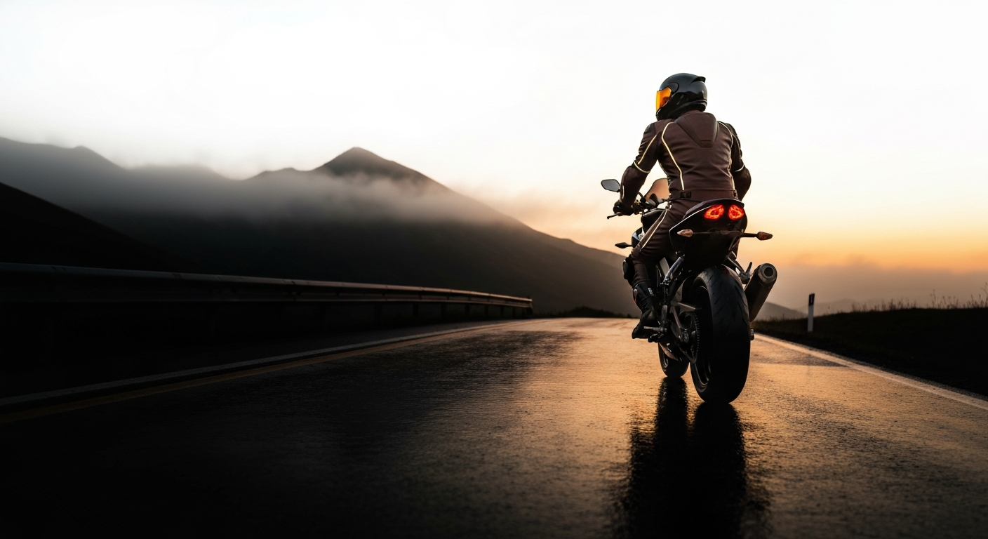 Motard sur une route de montagne au crépuscule, asphalte mouillé reflétant la lumière ambre