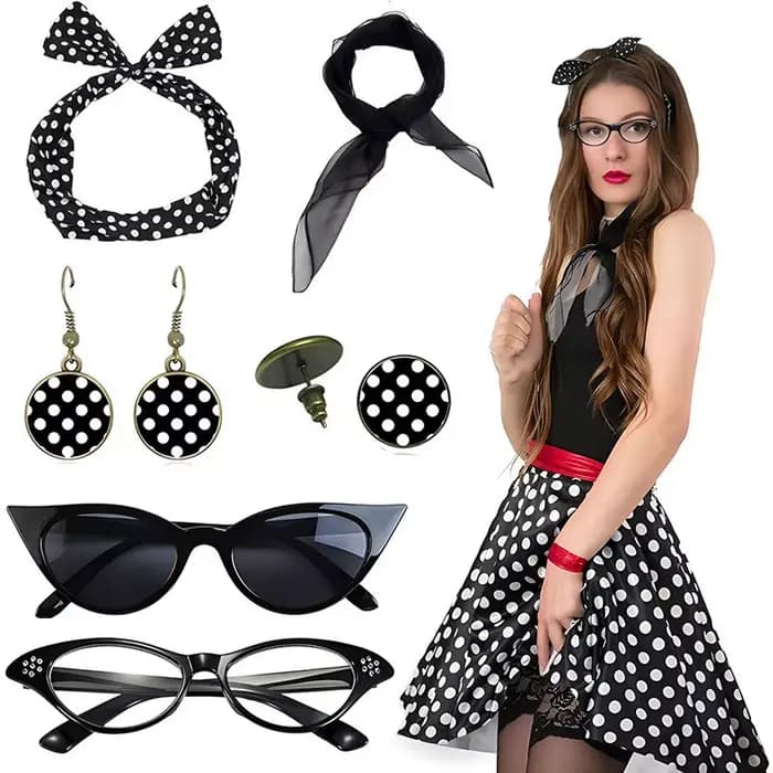 Ensemble d'accessoires de fête Carnival années 1950 à pois : Lunettes œil-de-chat, Bandeau rétro à p