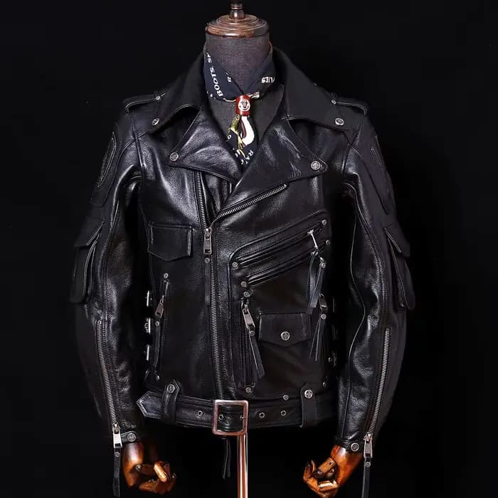 Veste en cuir de moto marron rouge pour hommes, style vintage, grande taille 6XL, cuir de vache natu