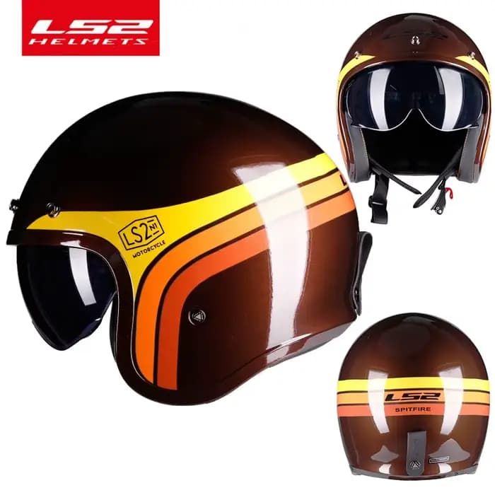 LS2-Casque de moto à face ouverte, Spitfire 3/4, casques de moto rétro vintage avec bouton de visièr