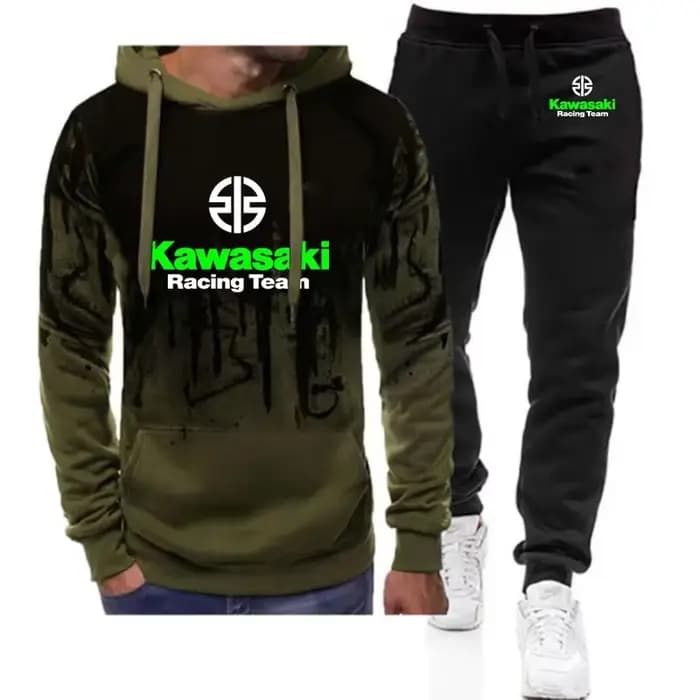 Ensemble sweat à capuche et pantalon long à logo de l'équipe de course de moto Kawasaki pour hommes,