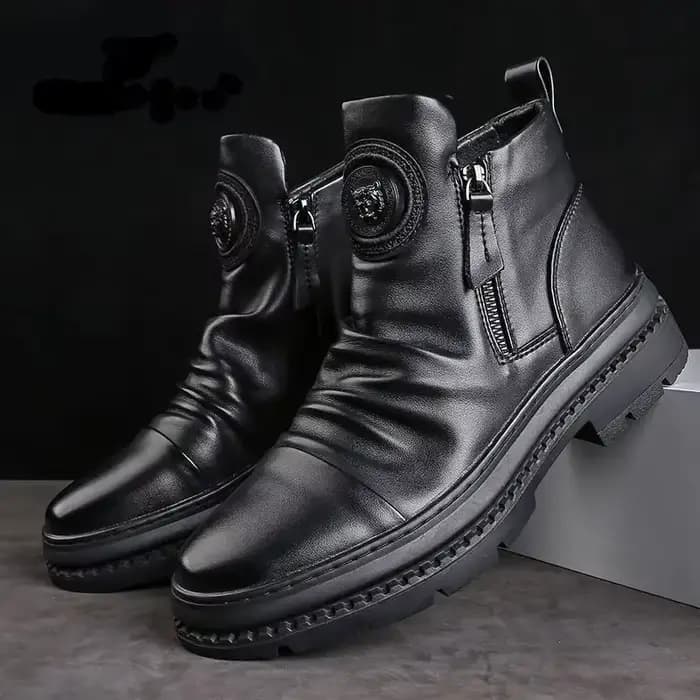 Bottes de moto en cuir pour hommes, chaussures hautes à tête ronde de Style britannique, fermeture é
