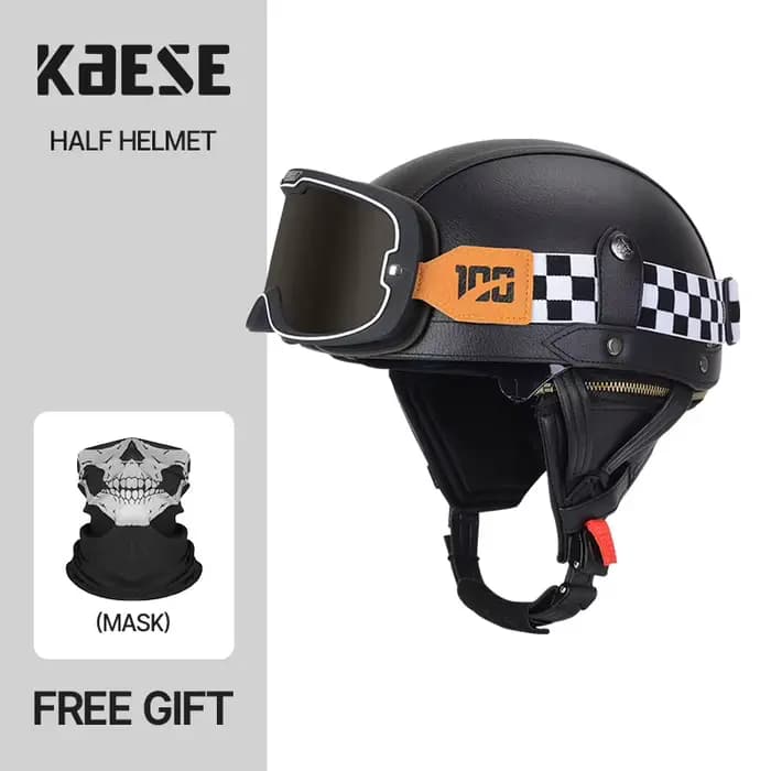 Casque de Moto Classique Rétro en Cuir, Demi-casque de Hurbike, Lunettes de Soldat, Casquette de Hur