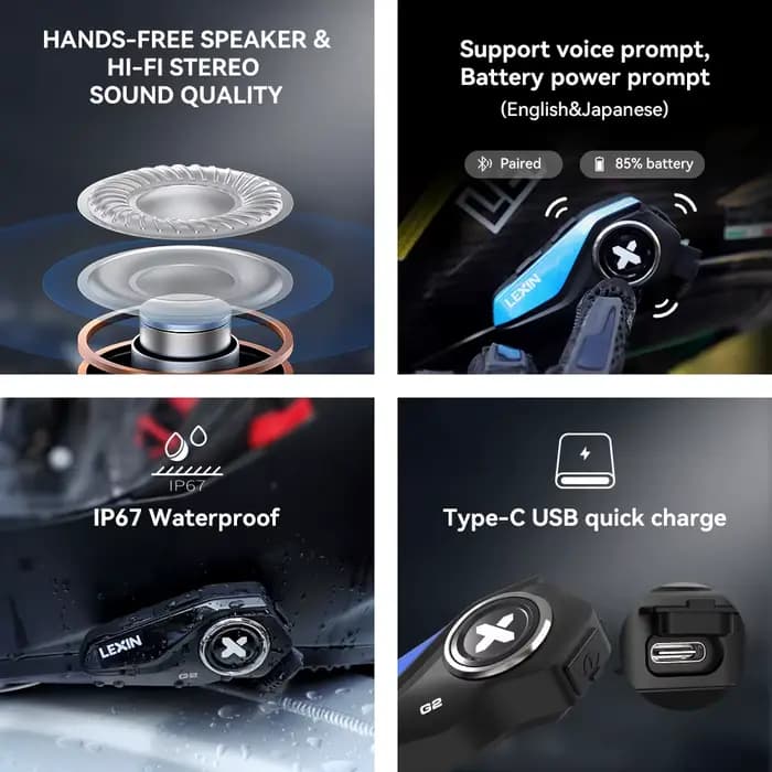 Lexin G2P moto Blutooth Interphone casque casques Bluetooth, communicateur mains libres jusqu'à 6 co