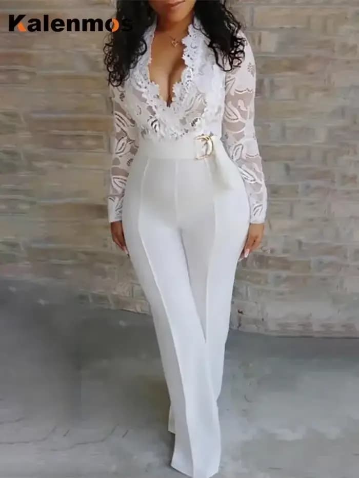 Combinaison blanche en dentelle pour femme, salopette élégante, longue, une pièce, taille haute, plu