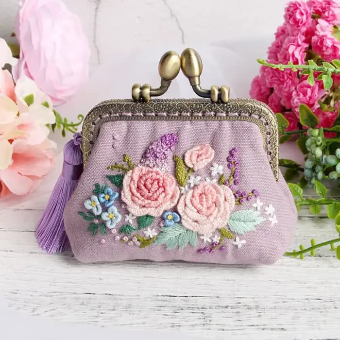 Kit de broderie de fleurs en ruban bricolage, sac à main, portefeuille, sac à main, point de croix p