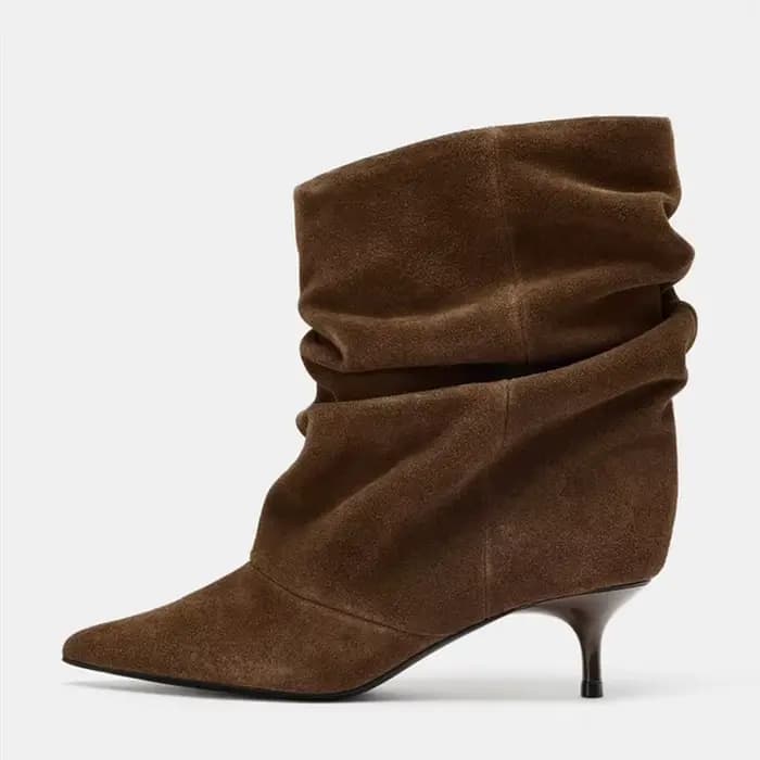 Bottines d'hiver en daim pour femmes, bottes courtes plissées à bout pointu, bottes à la cheville él