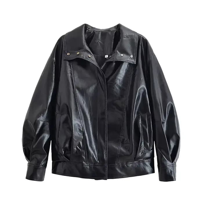 Veste en Faux cuir PU noir pour femme, manches longues, Design à revers, fermeture à glissière, déta