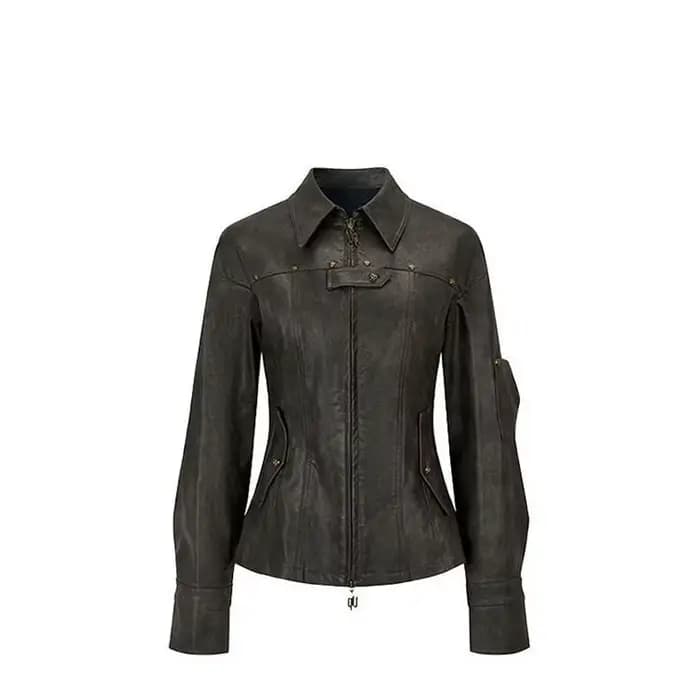Veste en cuir à rivets pour femme, manteau court, coupe cintrée, rétro, polyvalent, printemps, autom
