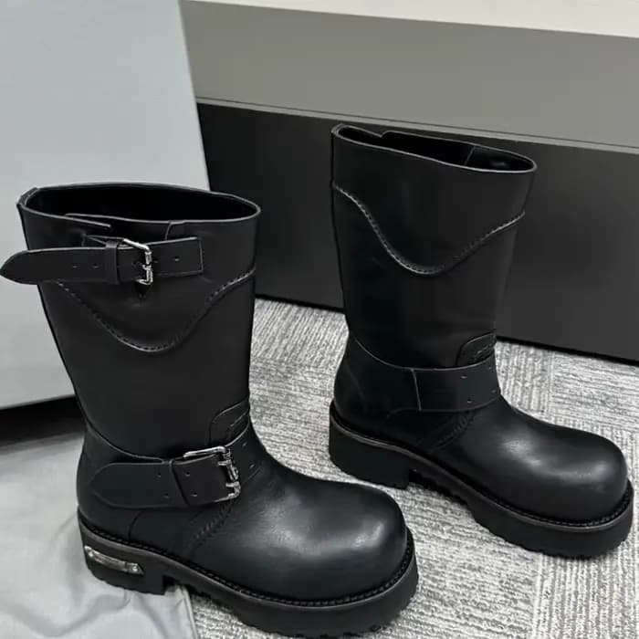 Bottes de moto en cuir noir pour femmes, avec sangle à boucle, semelle haute et épaisse, Style tranc