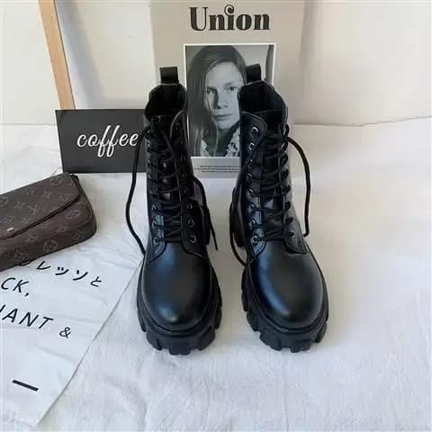 Bottes à Baril Court en Cuir pour Femme, Chaussures Confortables et Élégantes à Talons Bas, Platefor