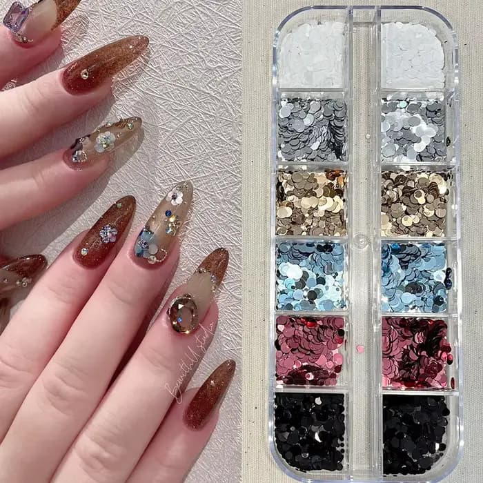 1 pièce d'accessoires pour nail art à 12 compartiments, à pois et pailletés, style Instagram ; acces
