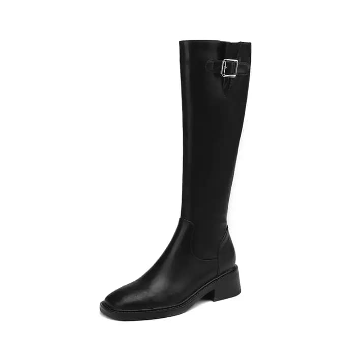 Bottes de chevalier en cuir véritable de vache pour femmes, mi-talon, grande boucle de ceinture en m