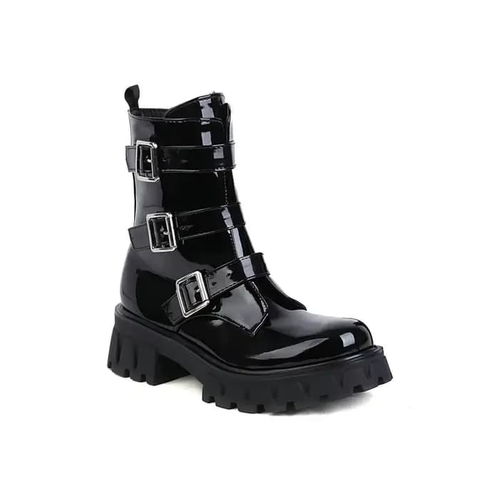Bottines en cuir PU verni noir violet gothique pour filles occidentales, chaussures Cool d'hiver ave