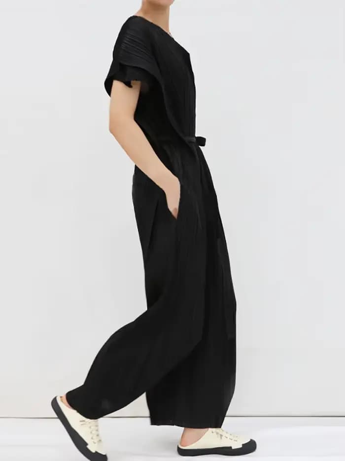 Ata Yake-Combinaison plissée en fibre pour femme, pantalon large décontracté, ceinture noire, bandag