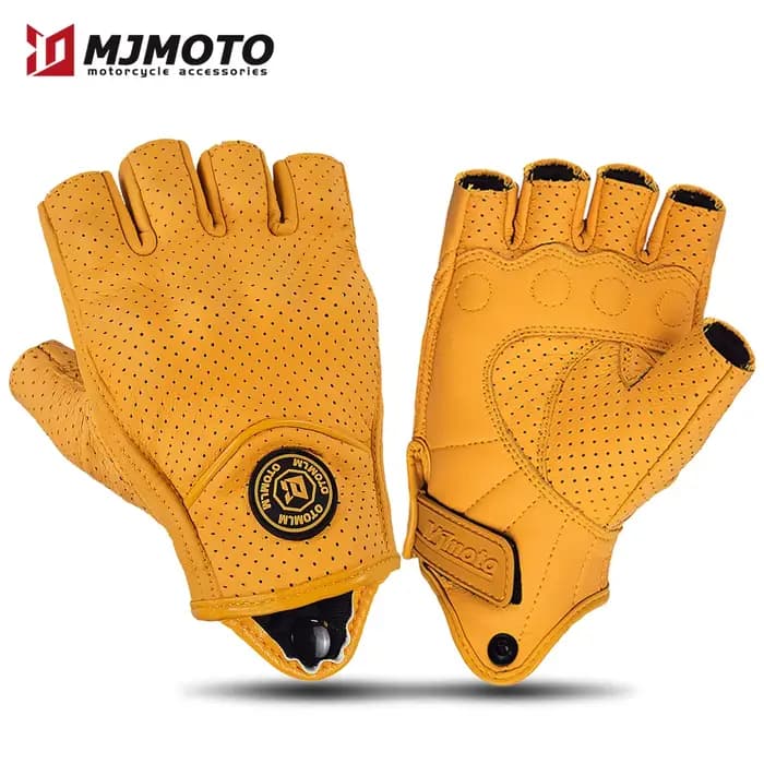 Gants de Moto en cuir de vache de mouton sans doigts, jaune d'été, rétro, demi-doigt, pour hommes et