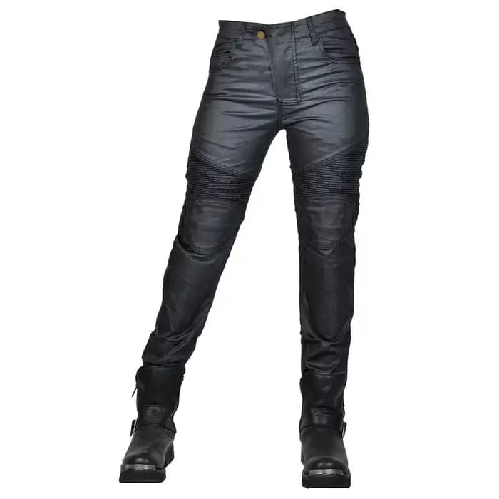 Jean de moto pour femme en denim enduit noir, résistant à l'eau, pantalon de motard, style urbain, p