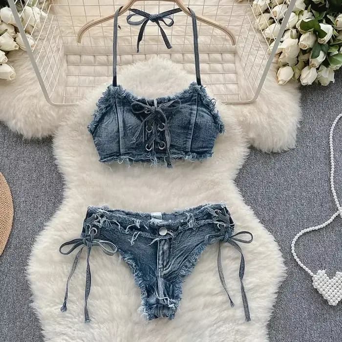 Maillot de bain femme sexy en jean, ensemble bikini à lacets et cordon de serrage, tenue de plage 20