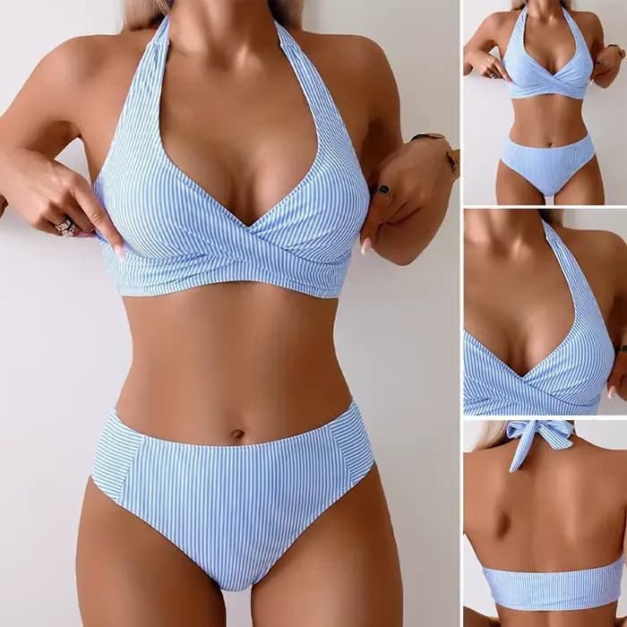 Maillot de bain sexy rayé pour femme, haut de bikini avec bretelles à nouer, tenue de plage tendance
