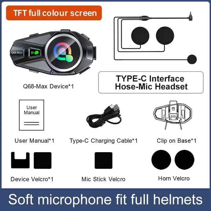 Q68 Max Moto Interphone casque casque Interphone avec TFT couleur HD écran Bluetooth5.4 Intercomunic