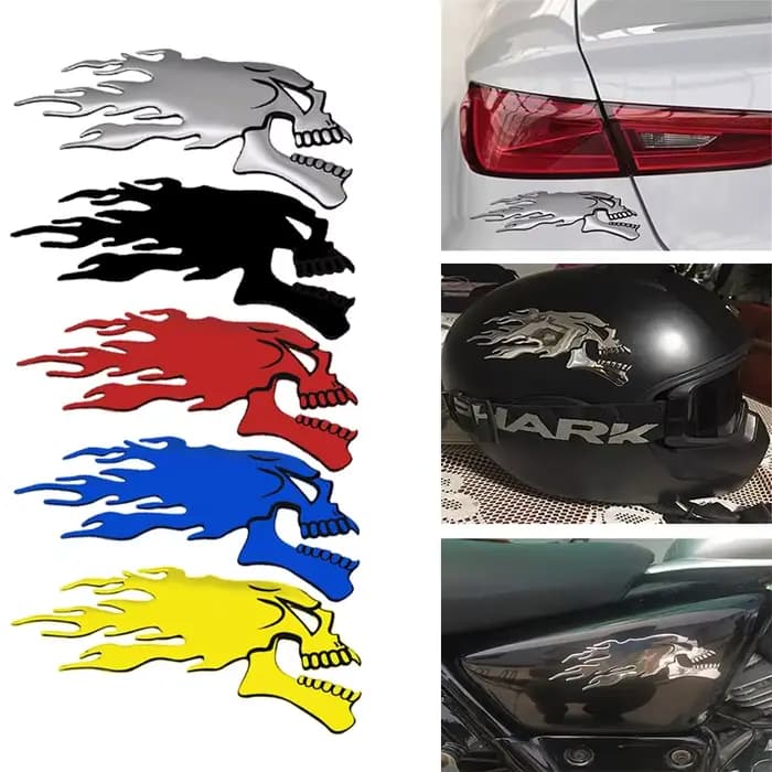 Autocollant de moto de voiture 3D, décalcomanies d'emblème de tête de crâne fantôme de flamme, décal
