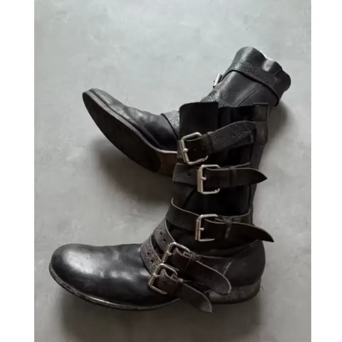 Bottes mi-mollet noires vintage pour hommes à multiples boucles, talon carré 2026, style gothique pu