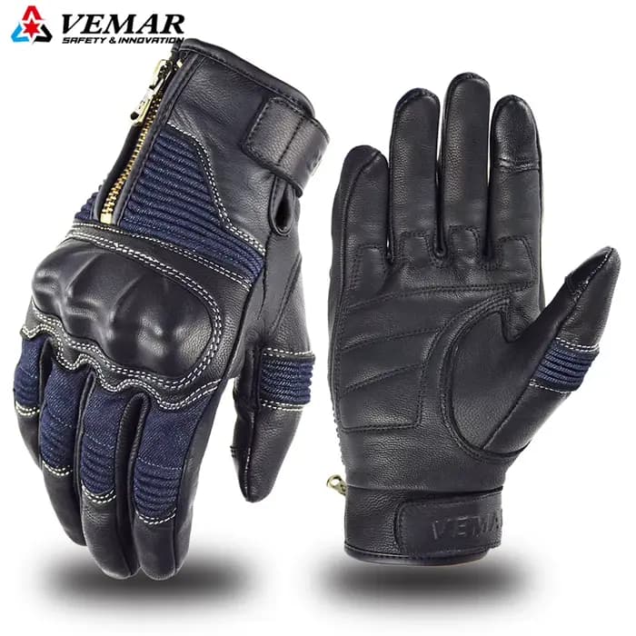 Vemar-Gants de Moto en Peau de Chèvre, Doigt Complet, Rétro, avec Fermeture Éclair, Motocross, Cuir,