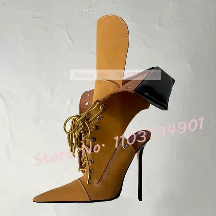 Bottes pointues jaunes à lacets creux pour femmes, talons hauts fins, bord rabattu, chaussures à tal