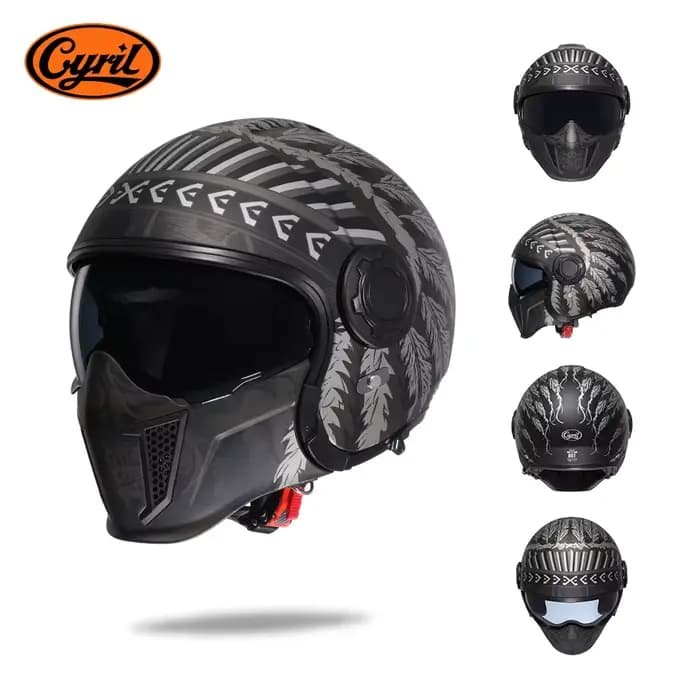 Cyril Casque de moto modulaire avec double visière, casque rétro convertible avec mentonnière amovib