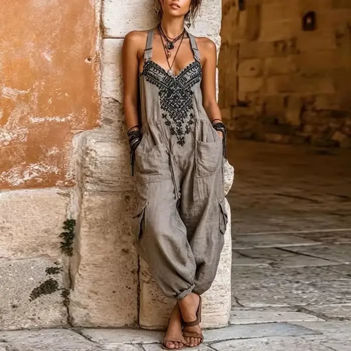 Combinaison Salopette Femme Imprimé Ethnique Col V Taille Haute Poches Cargo Ample Harem Jogger Bohè