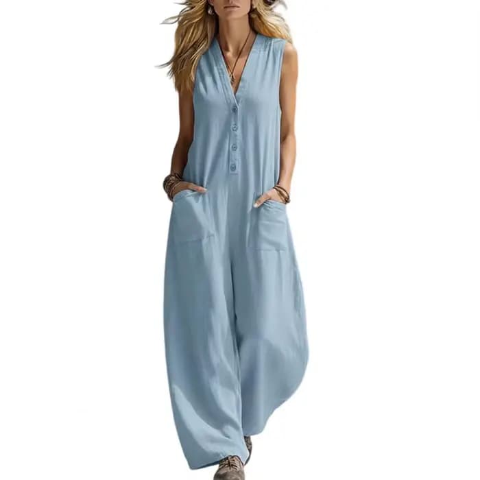 Combinaison décontractée sans manches en coton et lin avec poches pour femme, couleur unie, style ch
