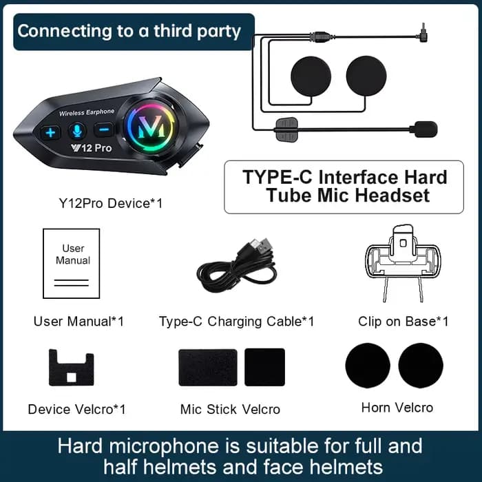Casque de moto Y12 Pro avec intercom Bluetooth, portée 500 m, appels mains libres sans fil, lecteur 