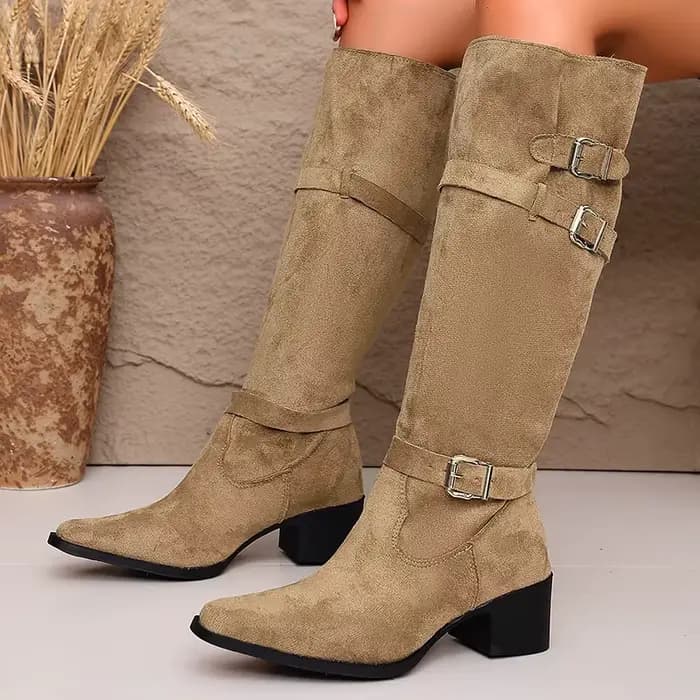 Bottes hautes en faux daim tendance pour femme, collection automne 2026, à bout pointu et talon épai