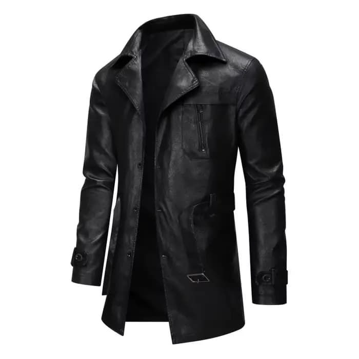 Cool à la mode mi à longue longueur veste en cuir hommes coupe ajustée Double boutonnage en cuir cou