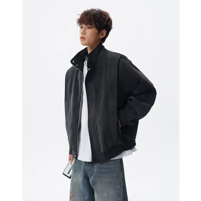 Blouson moto homme tendance à col montant, design patchwork, vêtement d'extérieur mode pour homme