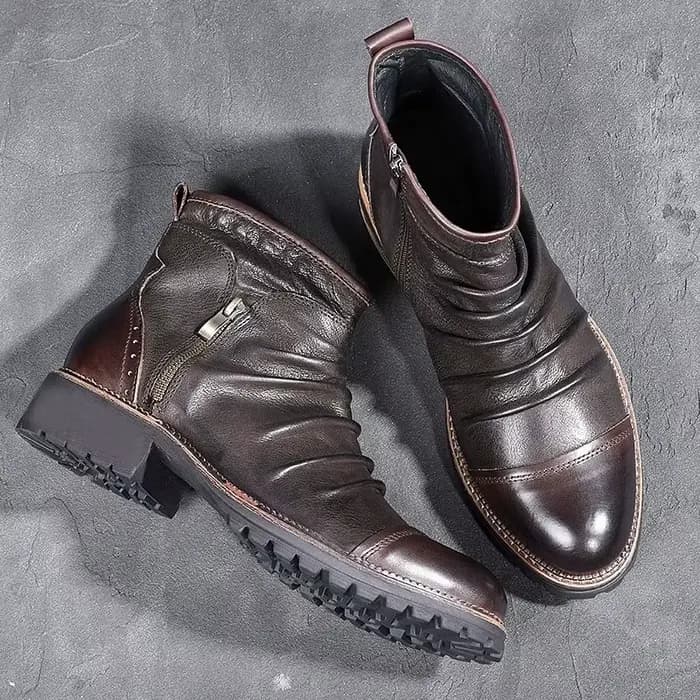 Bottes basses en cuir plissé vintage pour hommes, bout rond, fermeture éclair latérale, semelle épai