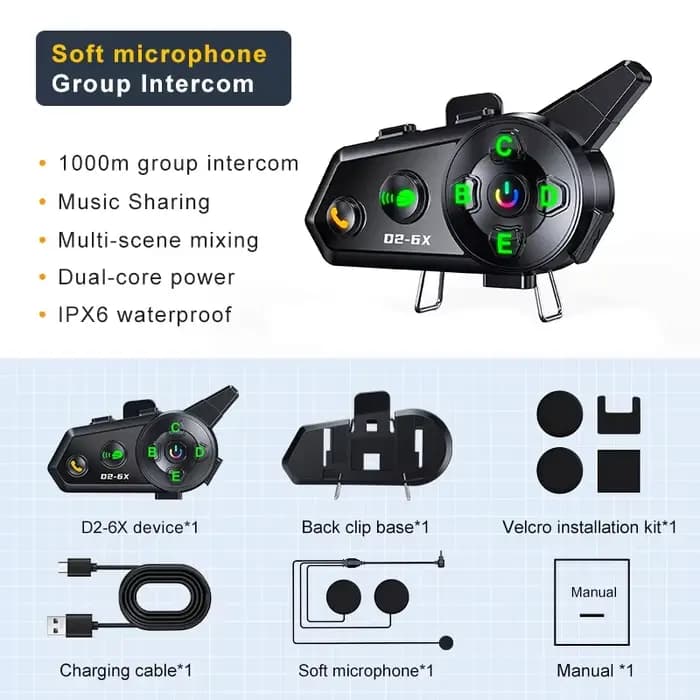 Casque de moto D2-6X Bluetooth Intercom 6-Mortgage Switching Intercom Distance 1000 mètres Multi-scè