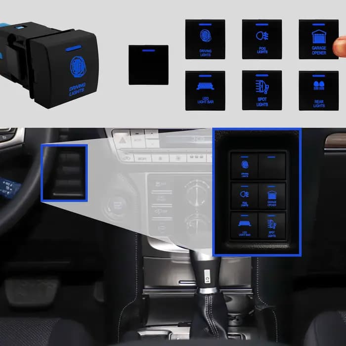 Interrupteur à bouton-poussoir Led bleu 12V et barre lumineuse Led USB 22x22mm pour Toyota Prado sér