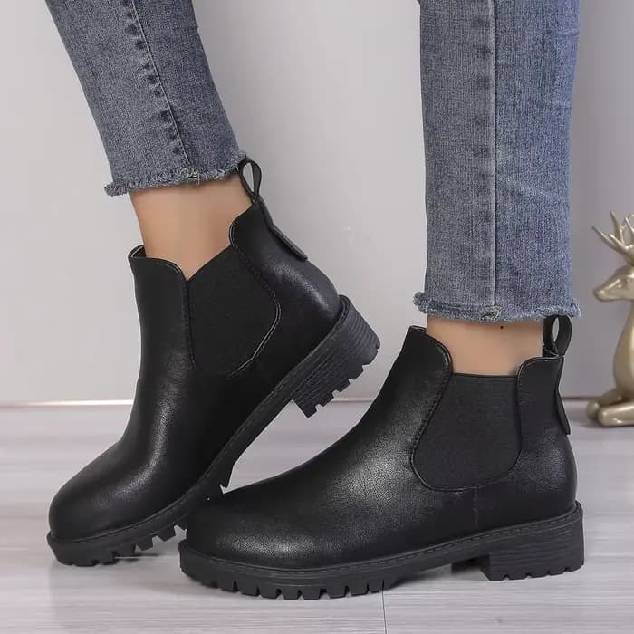 Bottines Chelsea décontractées à bout rond pour femmes, bottes courtes en cuir PU noir, confortables