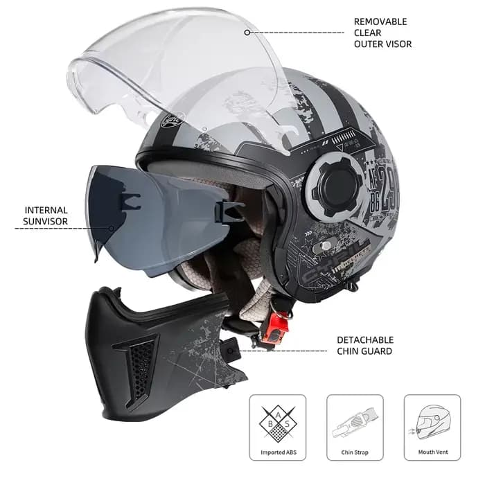 Casque de Moto Intégral à Visage Ouvert, Modulaire à Double Objectif, Rétro, DOT ECE APPROVED CYRIL 