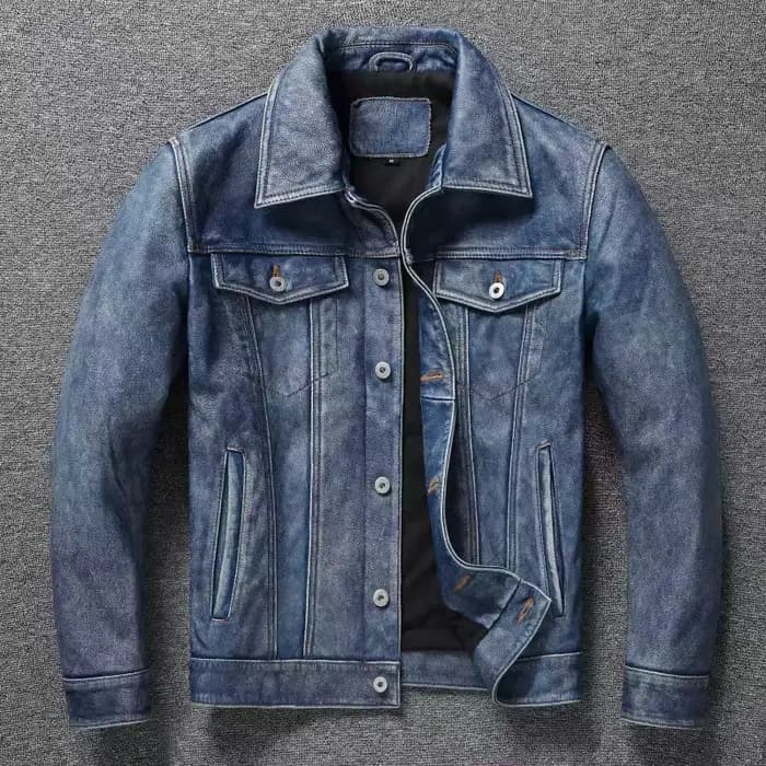 DistMurcia Veste en cuir véritable pour homme, bleu clair, denim, mince, court, moto, rétro, 2,4