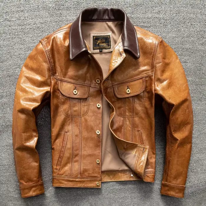 Veste en cuir véritable pour homme, style denim court, col à revers, en peau de chèvre première couc