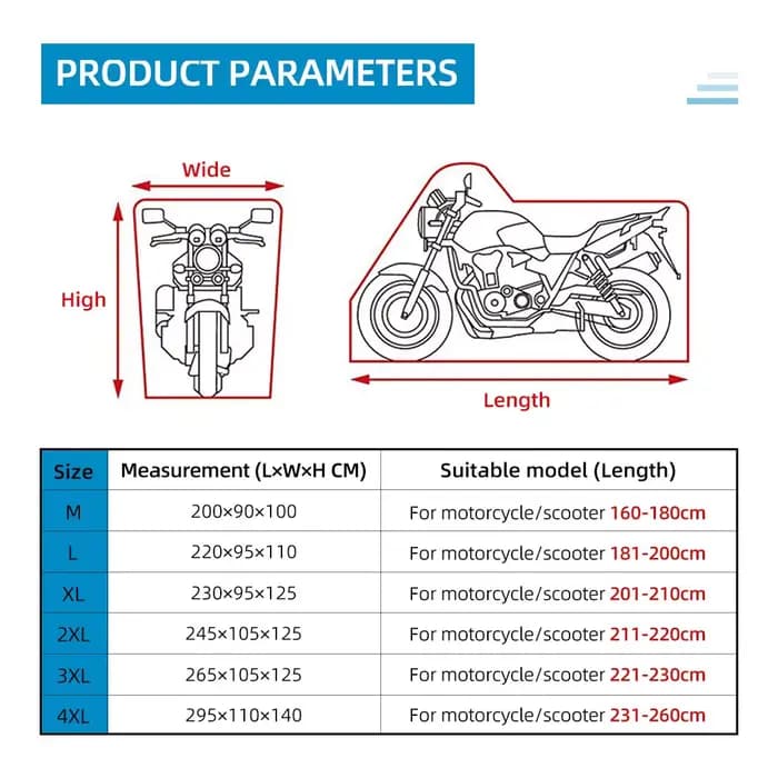 Housse de protection UV universelle pour moto, M L XL 2XL 3XL 4XL, pour l'extérieur, toutes saisons,