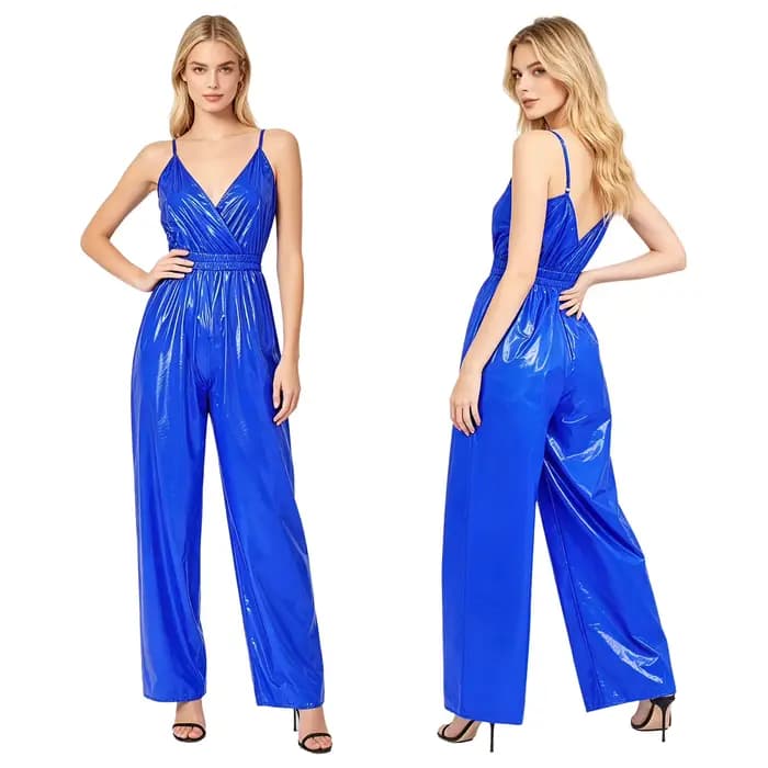 Combinaison brillante imperméable pour femme, bretelles réglables, col en V, taille élastique, jambe
