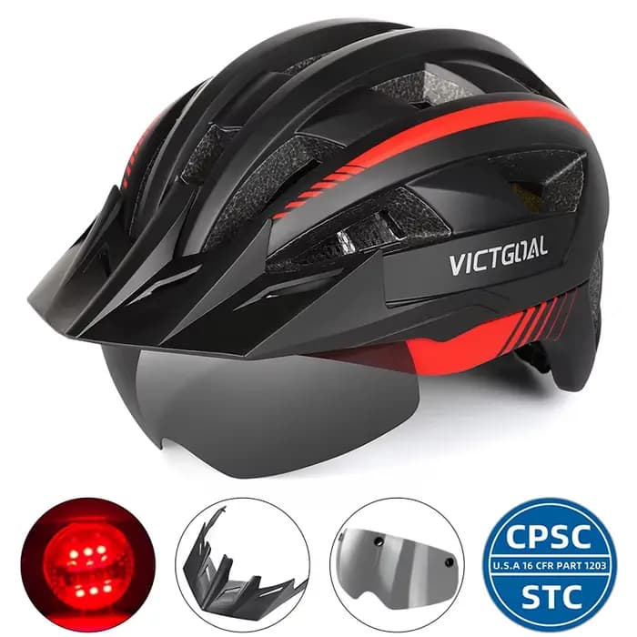 VICTGOAL Casque de vélo de route VTT pour hommes Femmes avec lunettes de visière LED Lumière arrière