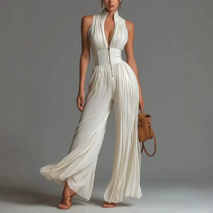 Combinaison plissée élégante à col montant et fermeture éclair pour femme, taille haute, jambe large