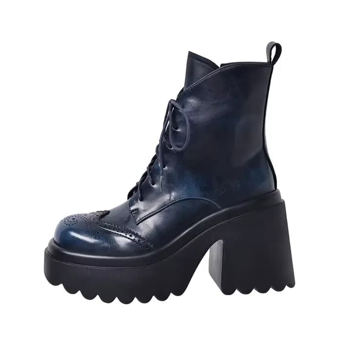 Bottes de Moto à Talons Hauts en Cuir de Vache pour Femme, Bottes de Rinçage à Plateforme, Style Rét