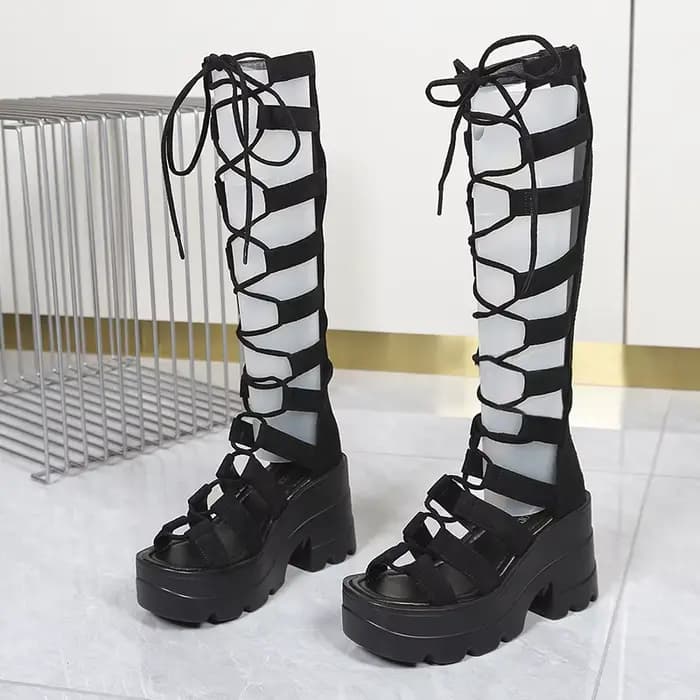Bottes hautes à lacets pour femme, nouvelle collection été 2026, sandales sexy à bout rond et platef